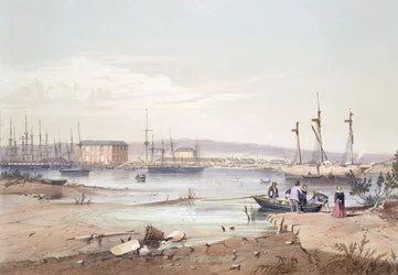 "Port Adelaide" från "South Australia Illustrated" som publicerades 1847 (handkolorerad gravyr).